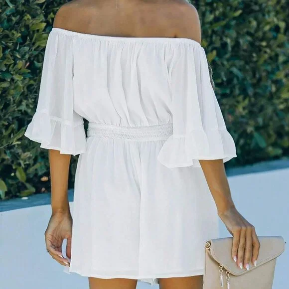 Shirred Detail Off Shoulder Flounce Sleeve Romper white - Picture 3 of 5